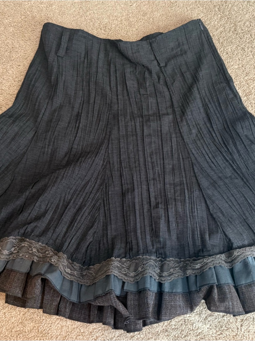 Patrick B Paris Black Pleated Midi Skirt Lace Ruffle Hem Romantic Goth Vintage